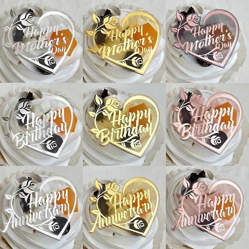 10pcs Ins Happy Birthday Happy Mother's Day Heart Cupcake Topper Acrylic Anniversary Cake Decorating Baking Tools Party Supplies