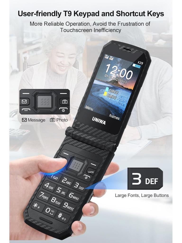 Telefon mobil popular cu clapetă și ecran dual, cu butoane și fonturi mari, standby super lung, design 2G prietenos cu seniorii