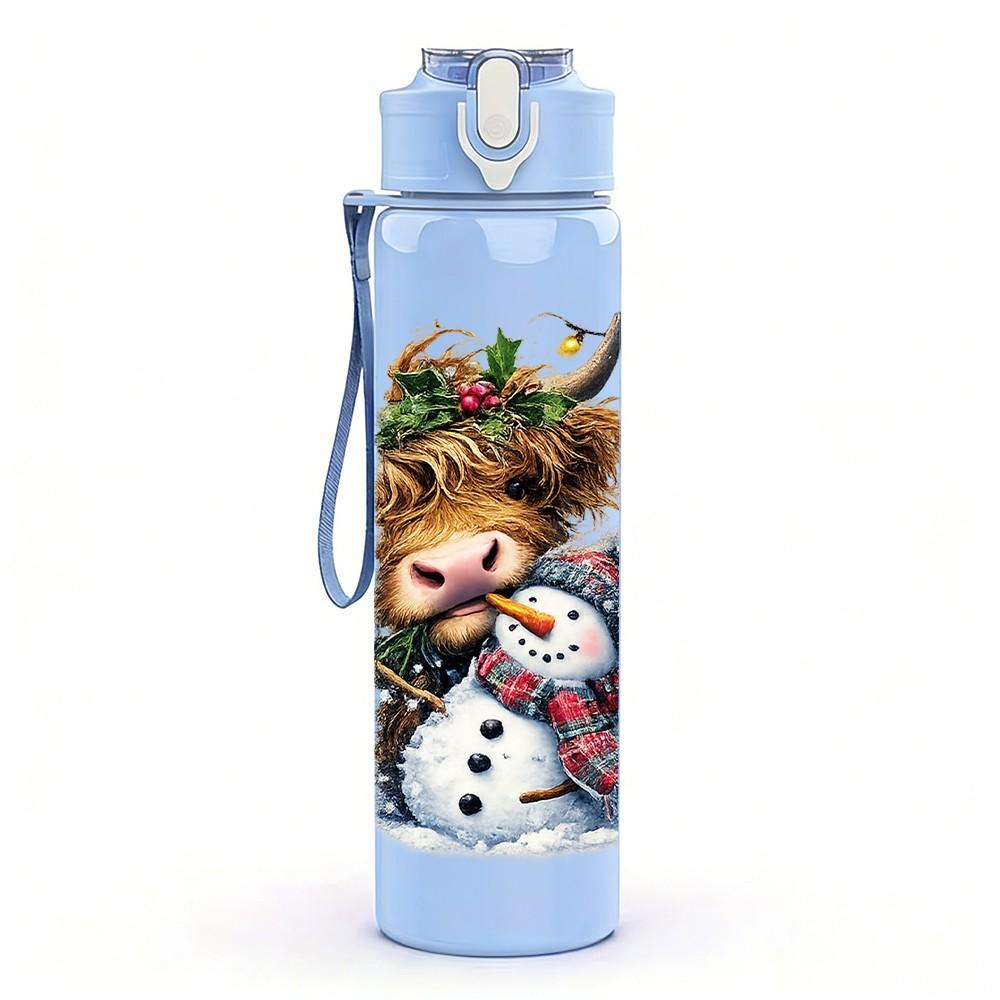 1PC Bear Snow Winter Christmas Cartoon 750ml Color Plastic Sports Water Bottle Leakproof Flip Straw Lid Suitable for Sports Office Home Use