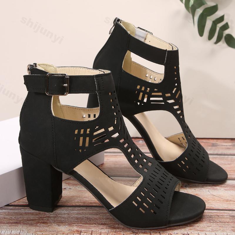 Women Strap Sexy High Heel Sandals Woman Roman Hollow Pumps Lace-up Peep Toe Sandals Casual Chunky High-heeled Sandals