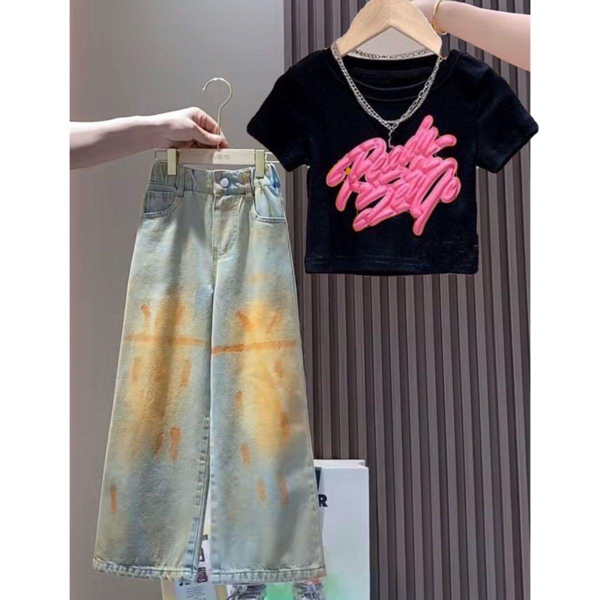 

Летний комплект для девочек, модный комплект из двух предметов с короткими рукавами и граффити, джинсовые брюки с широкими штанинами 170