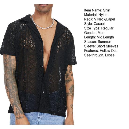 Men Summer Shirt Solid Color Hollow Out Lapel Short Sleeves Single-breasted Daily Wear Loose Breathable Men T-shirt Men Clothes