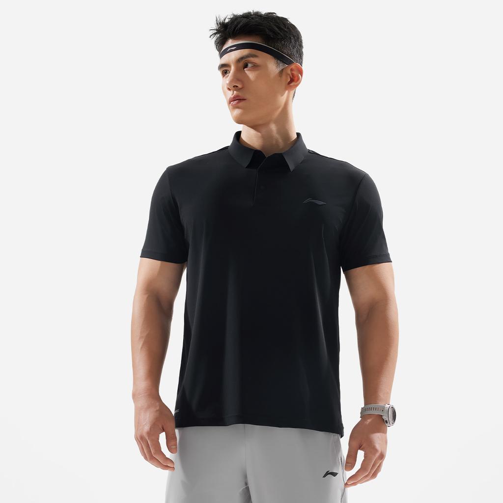 Li-Ning Polo a maniche corte da uomo traspirante a tinta unita con logo nero APLV039-2
