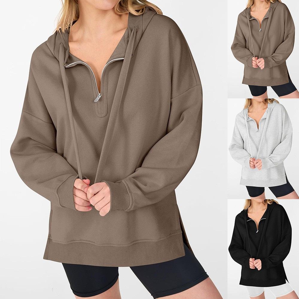 Fall/Winter New Style Women's Half-Closed Collar Zipper Casual Loose Sweatshirt Long Sleeve Hooded Shirt