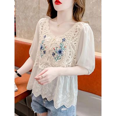 Women Floral Embroidery Crochet Blouse V Neck Puff Sleeve Button Down Casual Top