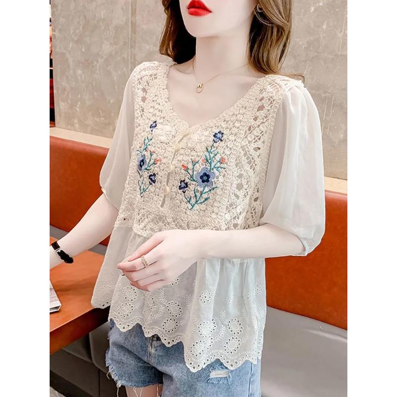 Women Floral Embroidery Crochet Blouse V Neck Puff Sleeve Button Down Casual Top