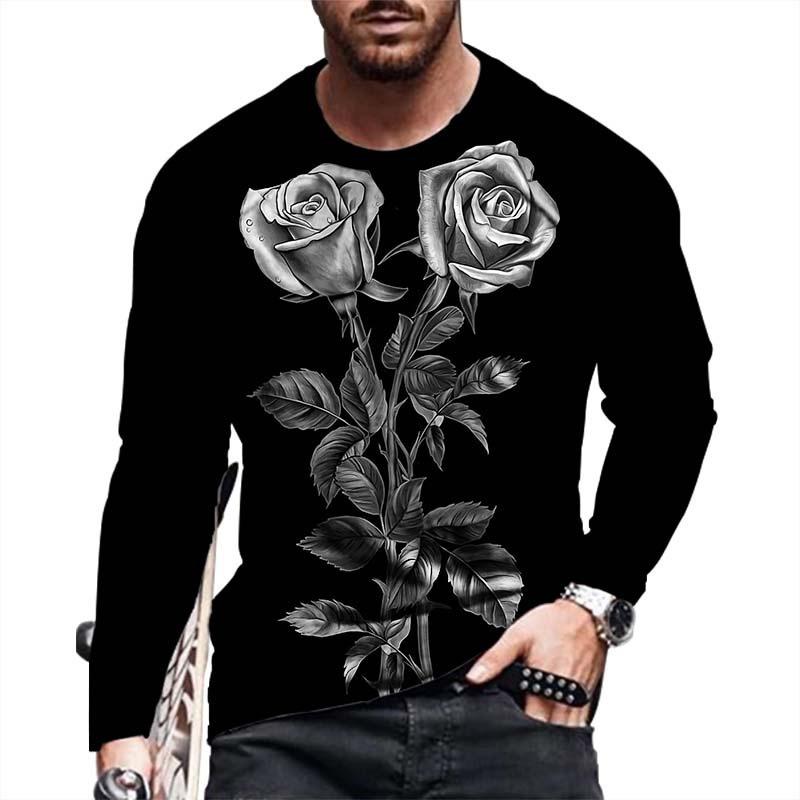 Casual Rose 3D Digital Printing Men'S Casual Fashion Long Sleeve Crew Neck T-Shirt