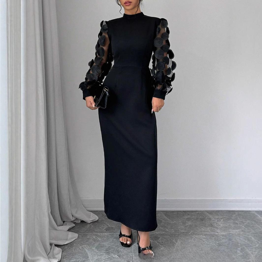 

JKASHDK Жіноча мода Весна-Осінь Однотонні повсякденні сукні з довгим рукавом і напівводолазкою з високою талією. XXL чорний