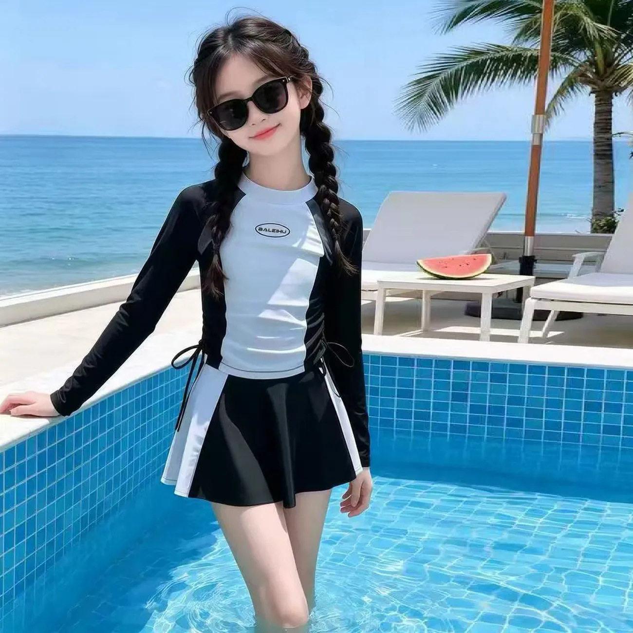 Girls Long Sleeve Two Piece Swimsuit UV Protection Quick Dry Swimwear For Older Kids Spring Bathing Suit 120