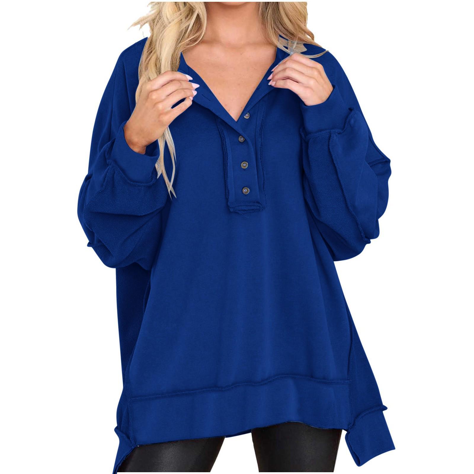 

2023 Women s Autumn/Winter Round Neck Solid Color Button Sweatshirt Long Sleeve Top L