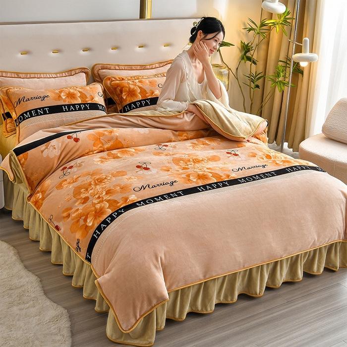 Light luxury high-end thickened milk fleece four-piece set, winter warm quilt cover, double-sided coral fleece anti-static three-piece set