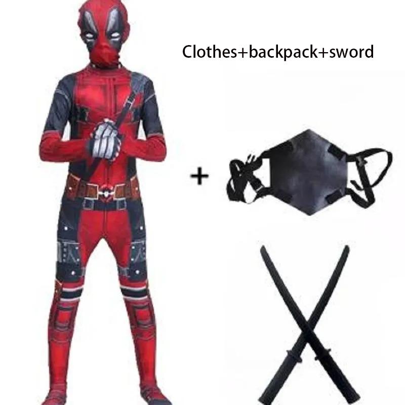 Halloween Deadpool Cosplay Anzug Overall Rucksack Zubehör Fantasy Filmcharakter Maske Strumpfhosen Mit Schwert Und Tasche Feiertagsset