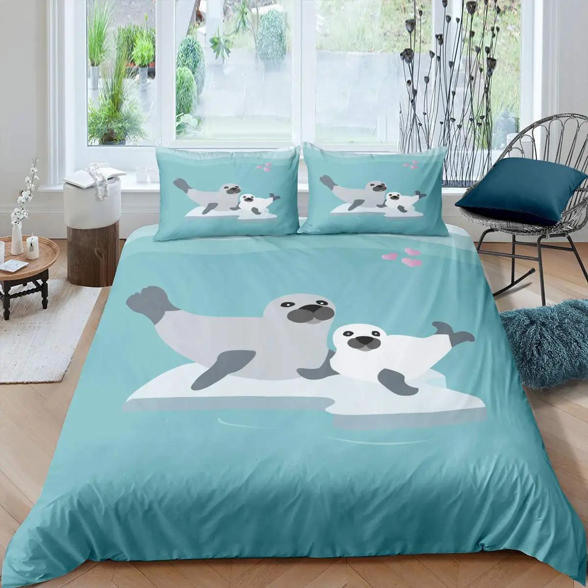 

Пододеяльник с изображением тюленя размера King, милый комплект постельного белья с изображением тюленя, милый экзотический стиль океана, 2/3 шт., полиэстеровое одеяло с изображением морской жизни 180x210cm 3pcs