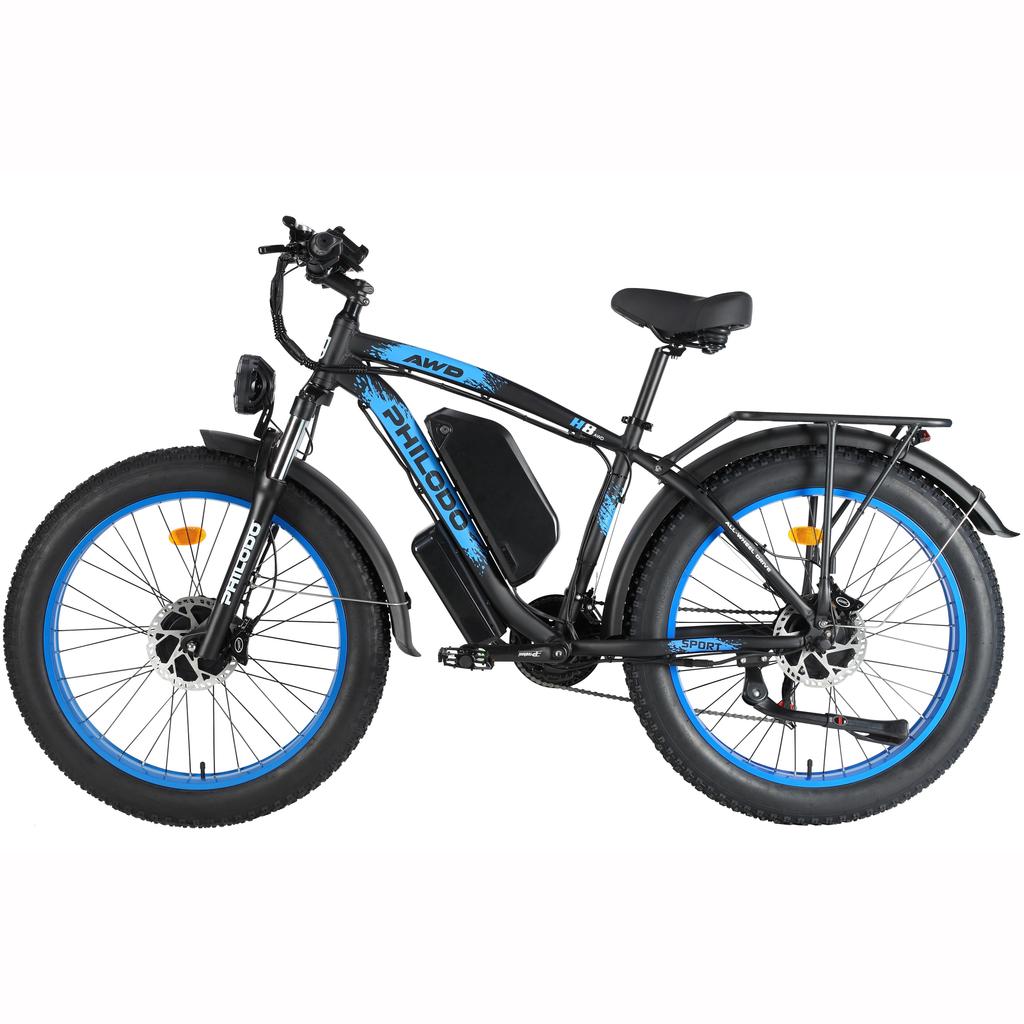PHILODO H8 All-Terrain Elektrofahrrad 48V26Ah Akku 3000W Motor Doppelmotor 26 Zoll Breitreifen 150KG Zuladung E-Mountainbike Für Erwachsene Mit Anhängersitz