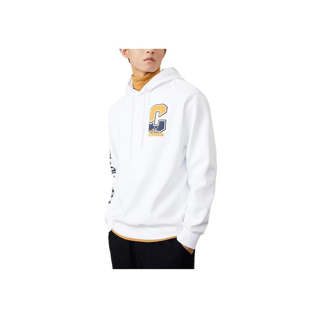 Anta Lifestyle Series Logo Print Hooded Pullover Fleece Long Sleeve Sweatshirt Men Sweatshirt Snow-White 152248701-1