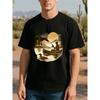 European Size Men's Quick-Dry Ocean Wave & Forest Sunset Print T-Shirt - Short Sleeve Casual Round Neck Tee with Nature Design, Breathable