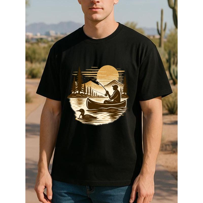 

European Size Men s Quick-Dry Ocean Wave & Forest Sunset Print T-Shirt - Short Sleeve Casual Round Neck Tee with Nature Design, Breathable 4XL чорний