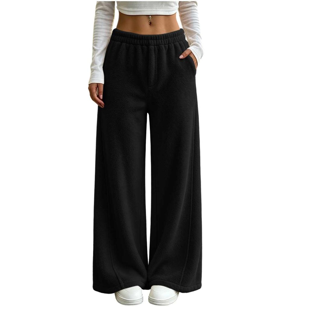 Winter Pants for Women Elastic Waist Fuzzy Wide Leg Casual Trousers