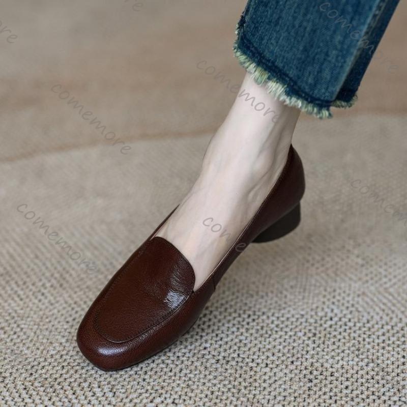 Fashion Comemore Soft Leather Loafers Shoes Retro Low Heel Shallow Mouth Pumps for Women Solid Color Slip On Spring Autumn Women Shoes