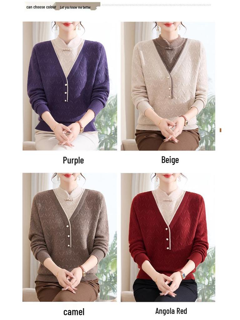 2025 Autumn/Winter New Arrival: Loose Long Sleeve Knit Sweater for Middle-Aged and Elderly Women - Simple, Comfortable Fake Two-Piece Style