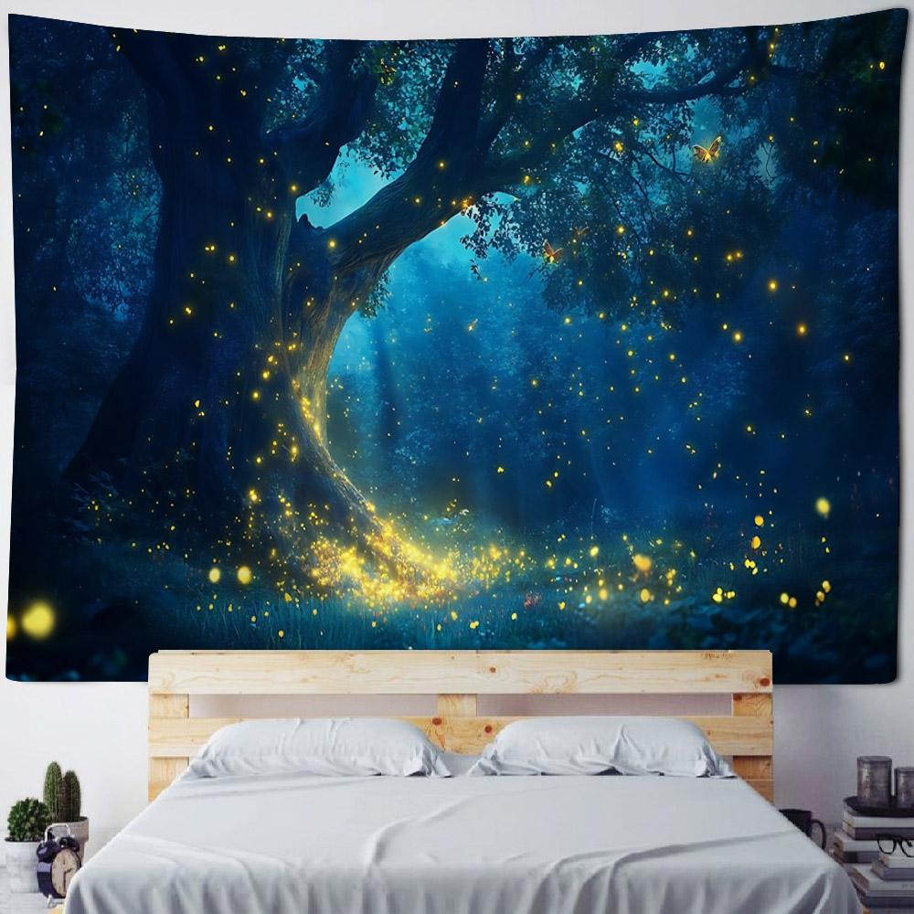 Forest Firefly Tapestry Dreamy Landscape Polyester Wall Hanging Fabric Aesthetic Home Decoration Living Room Background Poster