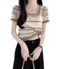 Fashion Knit Large Round Neck Striped Summer Design Sense Short Short-sleeved Tops Casual Summer Essential Comfort and Style Slim Fit Pullovers Tees
