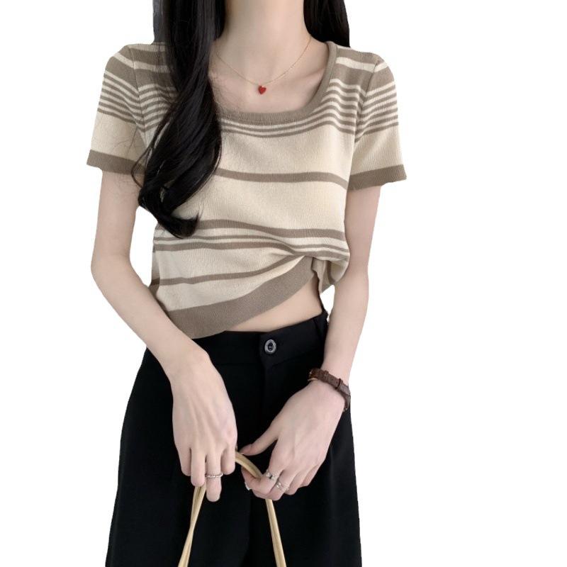 Fashion Knit Large Round Neck Striped Summer Design Sense Short Short-sleeved Tops Casual Summer Essential Comfort and Style Slim Fit Pullovers Tees