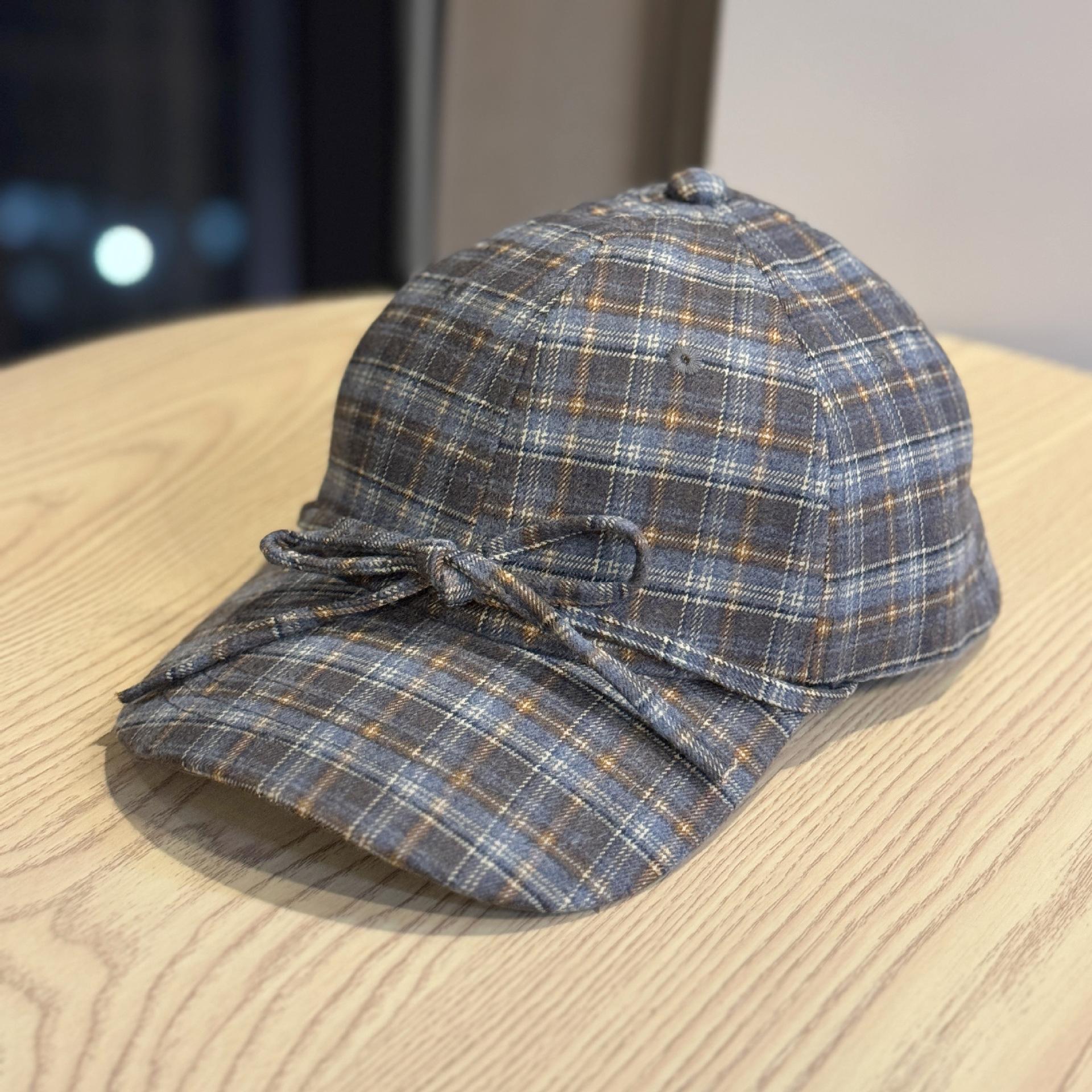 

New Autumn and Winter All Match Striped Plaid Soft Top Woolen Baseball Hat for Women Cute Bow Tie Rope Peaked Hat Trendy Adjustable