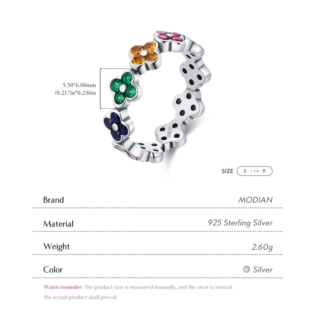 MODIAN 925 Silver Sweet Rainbow Color Zirconia Lucky Four Leaf Clover Fashion Finger Rings For Women Fine Jewelry