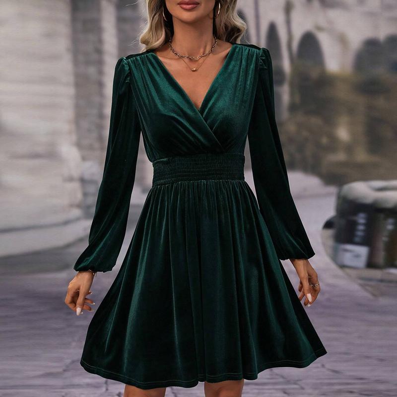 Women Dresses 2025 Autumn Winter Velvet Dress Long Sleeve V-Neck Black Women Dress J881