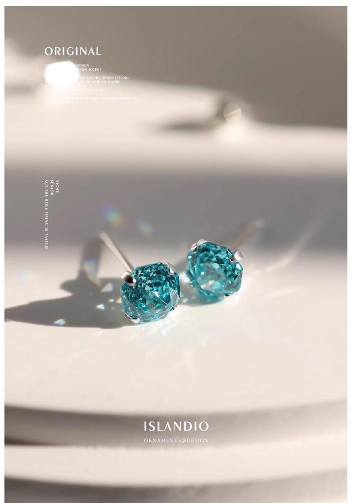 Paraiba Natural Aquamarine Ice Flower Cut Earrings, Women's S925 Sterling Silver Studs with Colored Gem Crystals