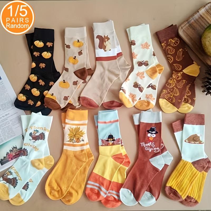 5 Pairs Of Random Halloween And Thanksgiving Turkey And Pumpkin Women's Mid-Calf Socks