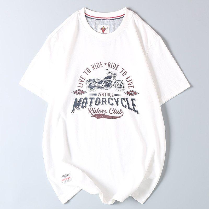 Vintage Motorcycle Element Print Short-Sleeve T-Shirt, Export Quality, Summer Men's All-Cotton Round-Neck Casual Half-Sleeve