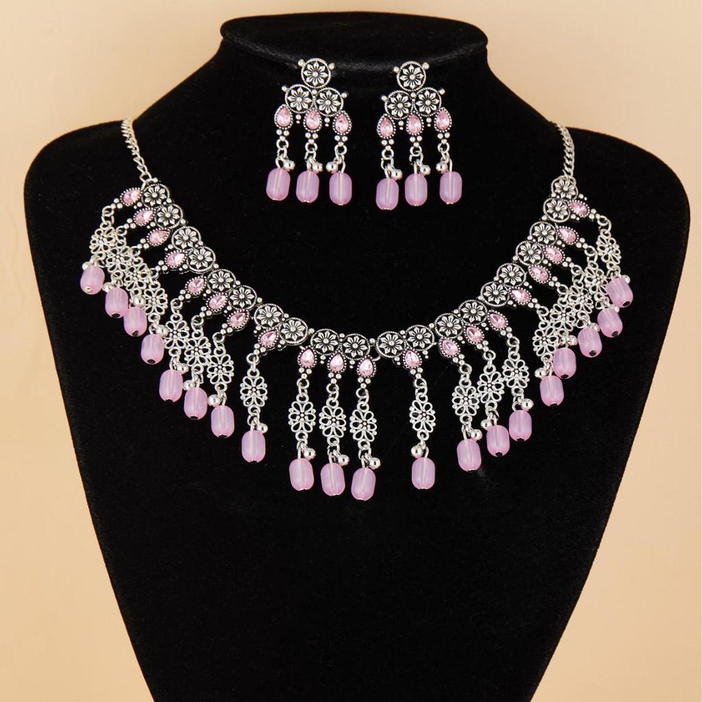 European & American Ethnic Style Rhinestone Tassel Necklace & Earring Set