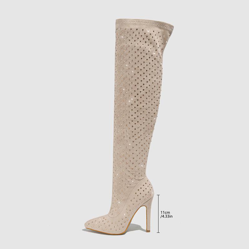 Fashion Bling Bling Rhinestones Faux Suede Elastic Women Thigh High Boots Fashion Autumn Winter High Heels Over the Knee Long Boots Shoe