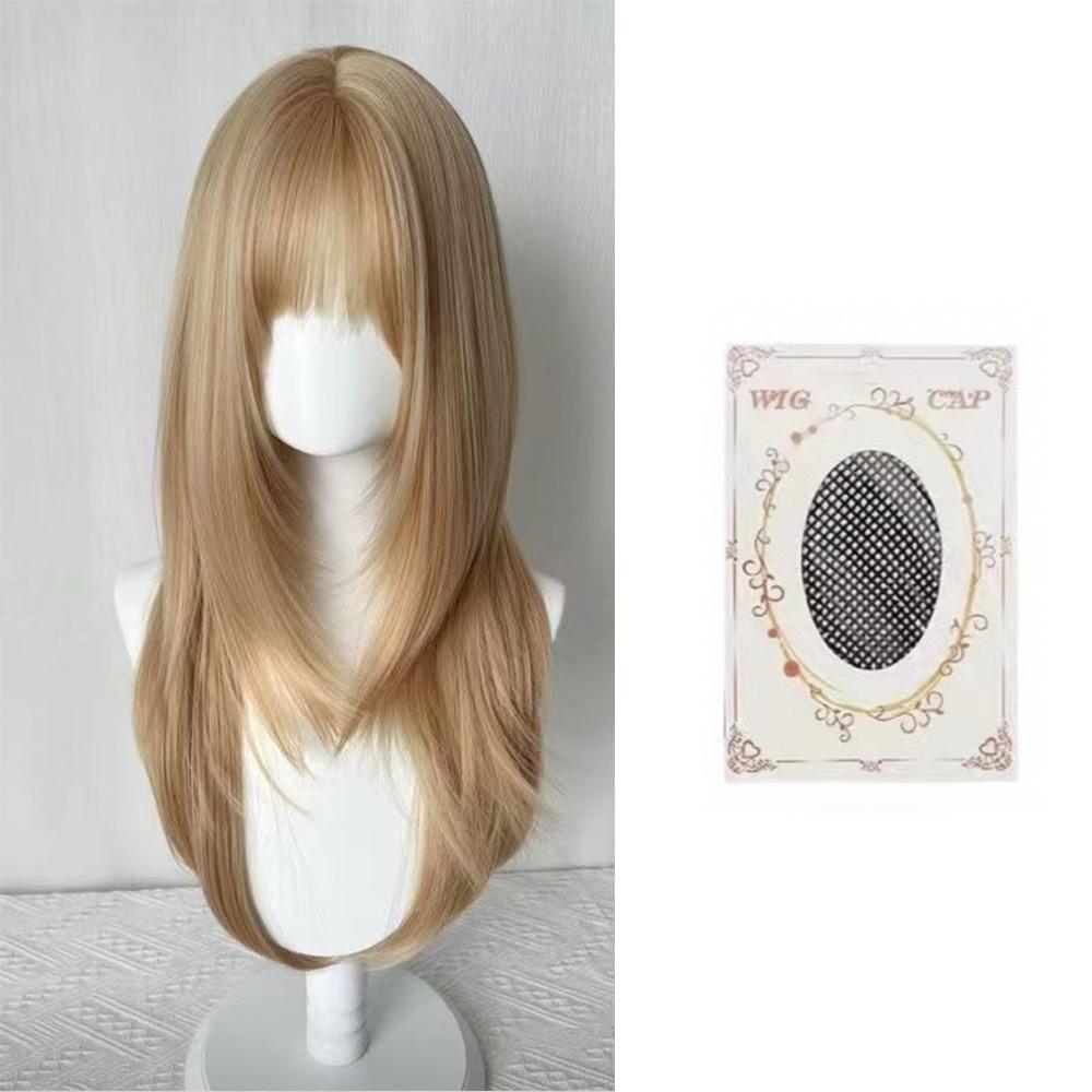 Flax Gold Synthetic Wig with Bangs Long Straight Hair High-Layered Lolita Wigs for Women's Daily Cosplay Wig Heat Resistant