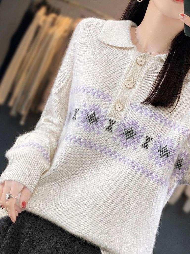 Women's Retro Jacquard Cashmere Sweater - French Lapel, Polo Collar Knit Outerwear for Autumn/Winter
