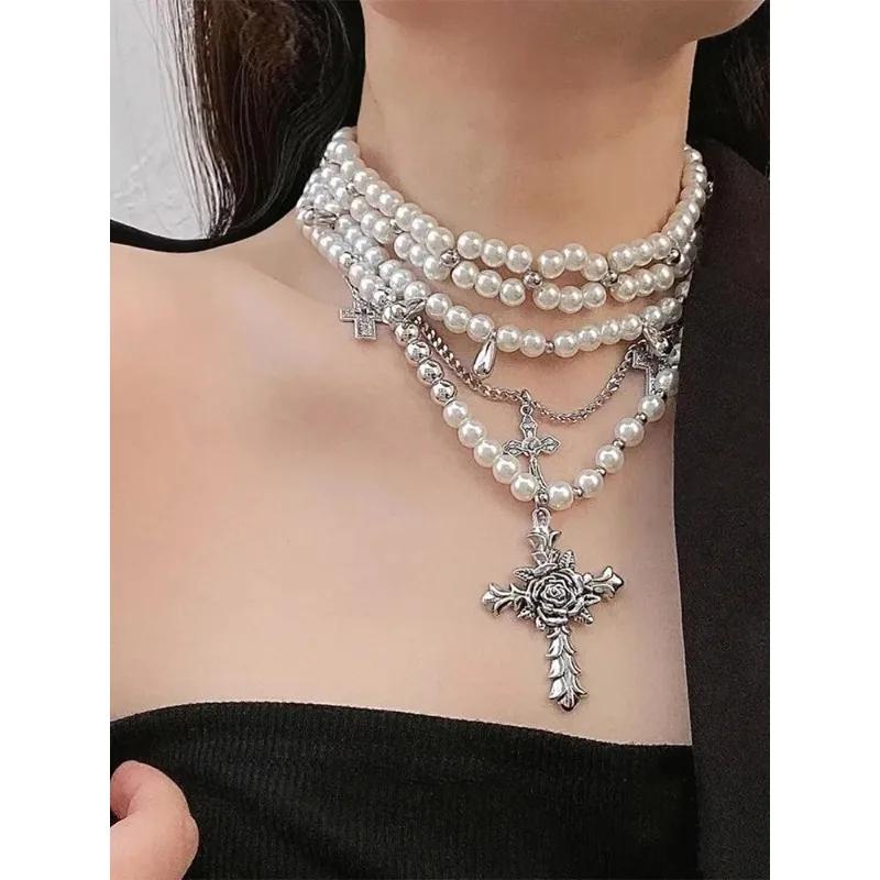 Y2k Zircon Cross Necklaces Multi Layer Choker Set For Women Korean Fashion Necklace Punk Goth Zircon Accessories