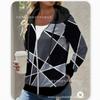 Women Geometric Print Zip Up Hoodie Casual Long Sleeve Black Gray Jacket