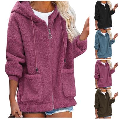 Modischer Mantel aus Lammfleece mit Kapuze und langen Ärmeln und Reißverschluss in Volltonfarbe für Damen