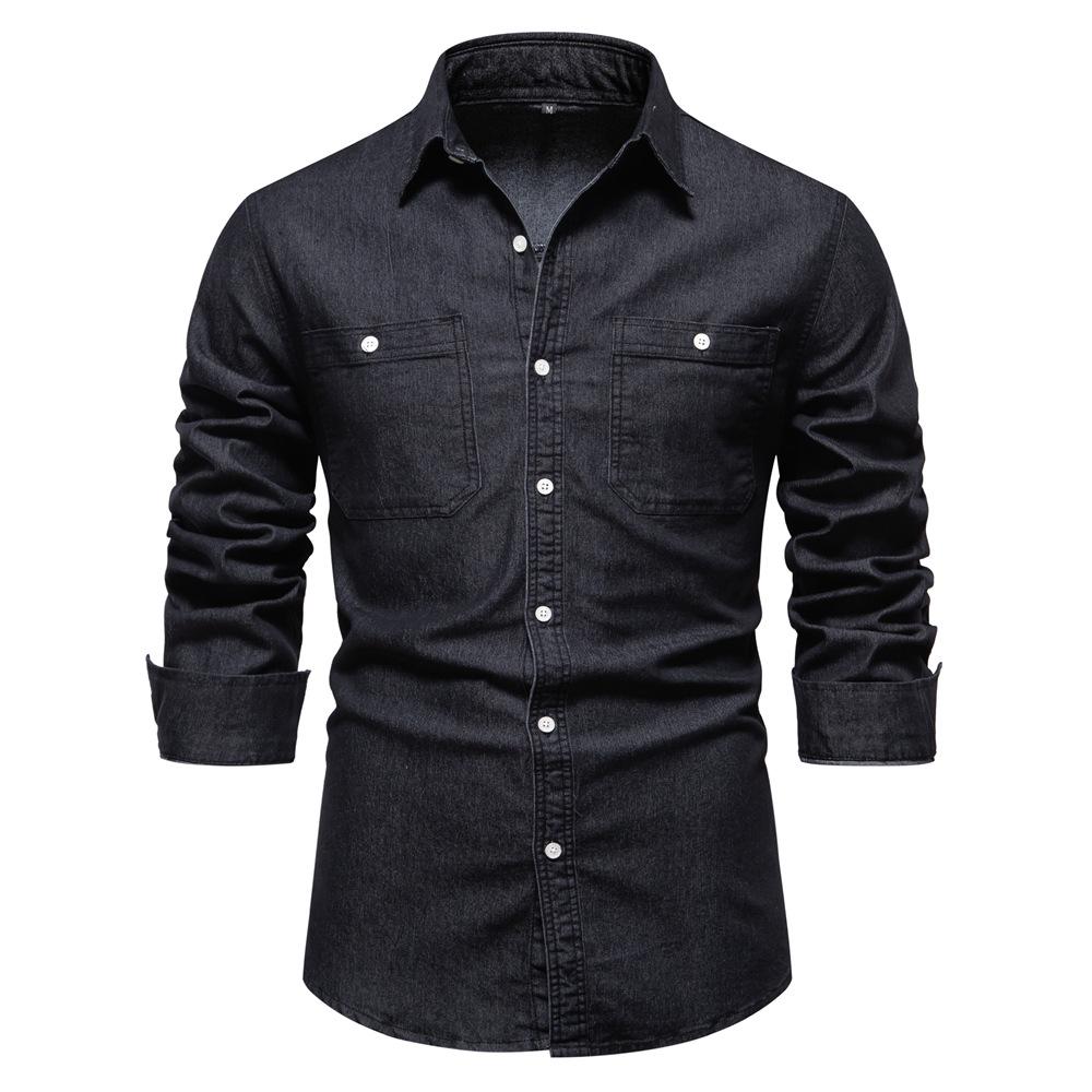 2026 Men's European Size Casual Solid Color Denim Long-Sleeve Shirt In Stock