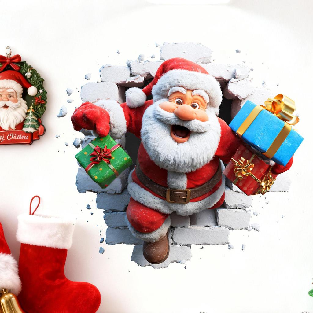 Christmas Window Stickers Santa Claus Broken Wall Decals Removable 3D Visual Design Art Sticker For Home Kitchen Bathroom