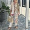 Floral Print Casual Round Neck Mid-Sleeve Top and Pants Set