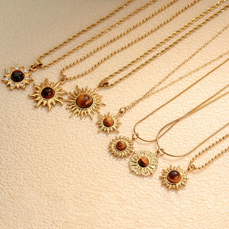 Retro Sunflower Tiger's Eye Choker: Stainless Steel Eight-Pointed Star Necklace