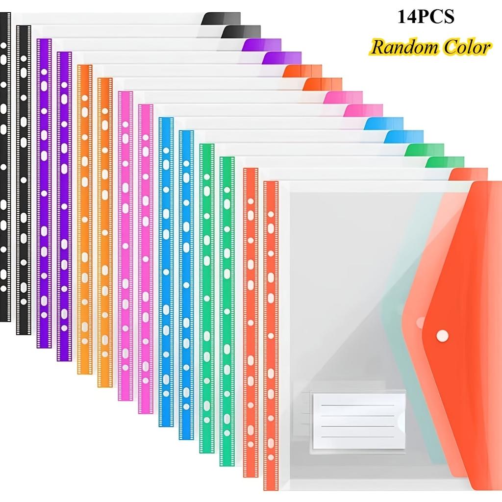 Plastic Envelope with Adhesive Snaps & 11 Holes File Folder Expansion Bag for 2/3/4 Ring File Bag 14Random Colors For School