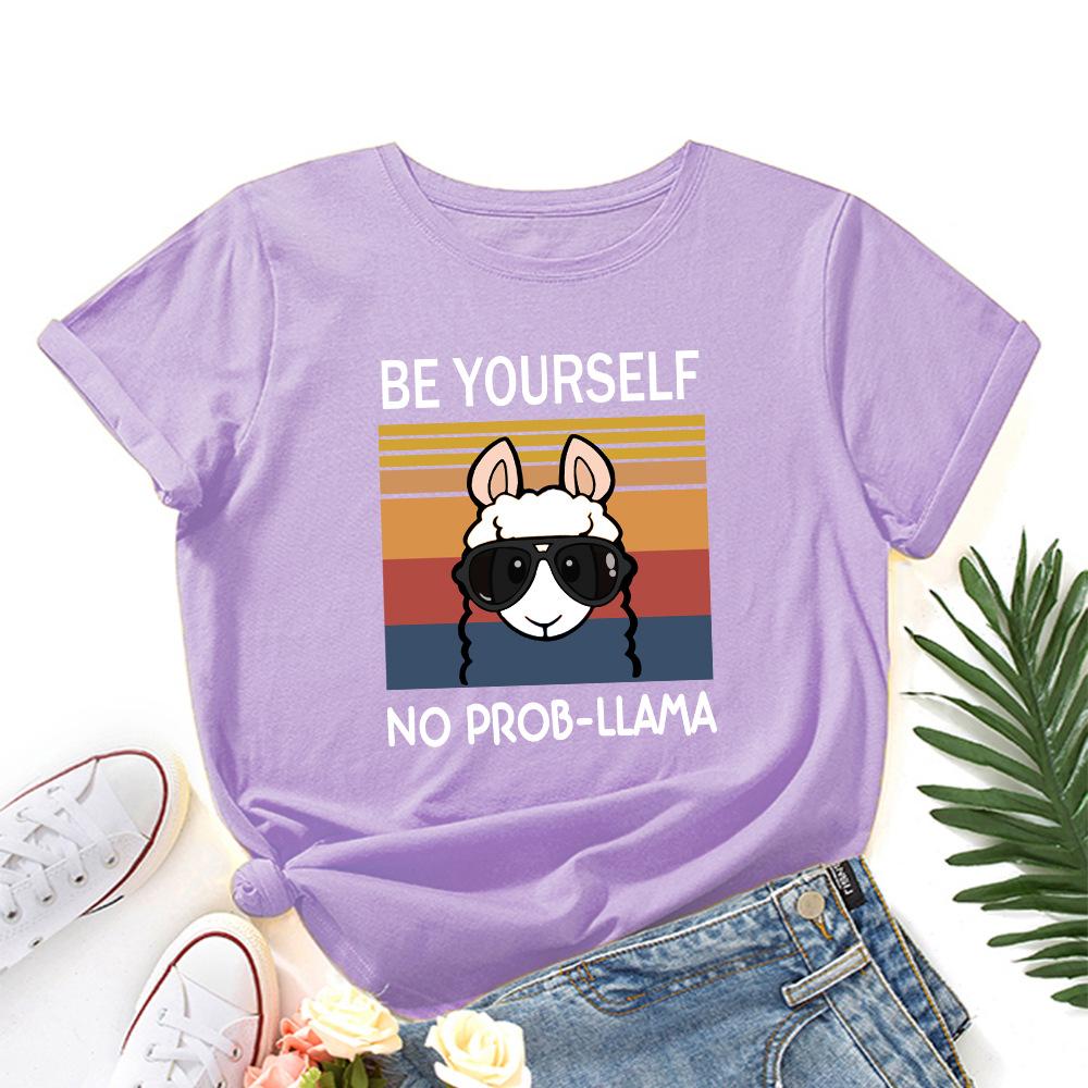 Women's Cute Alpaca Print Loose Round Neck Short Sleeved T-shirt for Women Shirt