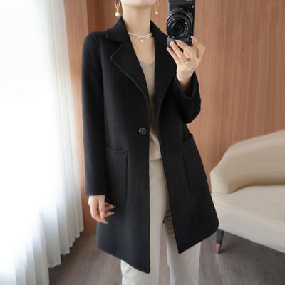 Women Jacket with Dual Pockets Lapel Solid Color Single Button Woolen Coat Plus Size