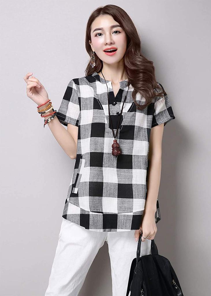 Summer Gingham Check Shirt Checkered Korean Casual Short Large Tunic Top [Sharphon] Women's Blouse, Black, Pattern, Style, Shirt, Sleeve, Size,