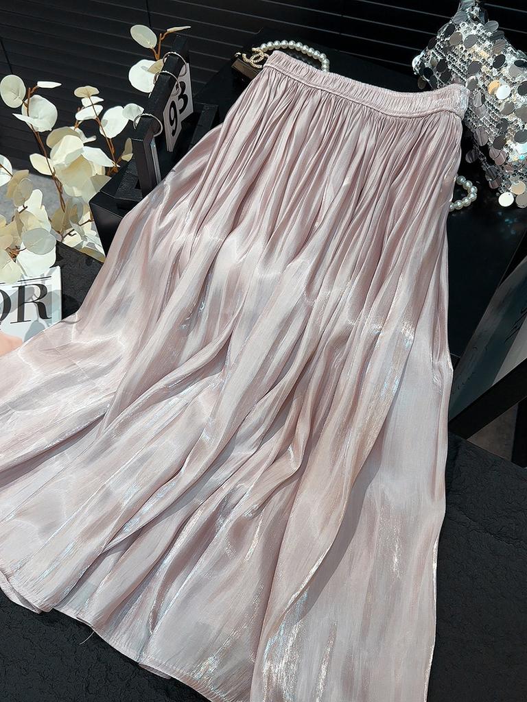 Pearlescent luster yarn pleated pleated skirt summer women medium and long hanging high waist a word 2025 new