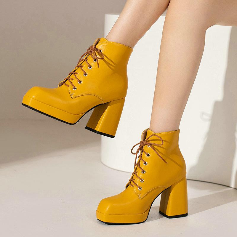 Women's Boots Thick Heel Lace Up Ankle Boots Fashion Waterproof Platform Women's Shoes Autumn Winter New Women High Heels 34-43